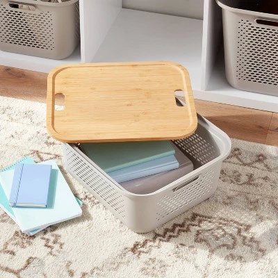 Bamboo Lid With Cutout Handles - Brightroom™: Decorative Storage Bins, Natural Brown, 14.72" X 12.52", No Assembly Required 1 Bamboo Lid With Cutout Handles - Brightroom™: Decorative Storage Bins, Natural Brown, 14.72" X 12.52", No Assembly Required