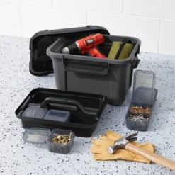 Tool And Hardware Latching Storage Box With Handle - Brightroomâ„¢: Gray Multi-Compartment Tote, 18L Capacity