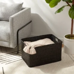 XL Washed Woven Rattan Crate Black - Brightroomâ„¢: Decorative Storage Basket, Rectangle, Air Dry, 22"x15"x13.25"