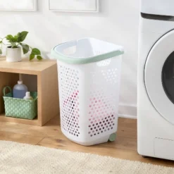 BR Rolling Hamper White With Daydream Green Handles - Brightroomâ„¢