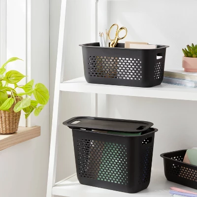 Narrow Medium Decorative Plastic Bin Black - Brightroom™: Modern Storage With Cut-Out Handles, 13" Cube Compatible 1 Narrow Medium Decorative Plastic Bin Black - Brightroom™: Modern Storage With Cut-Out Handles, 13" Cube Compatible